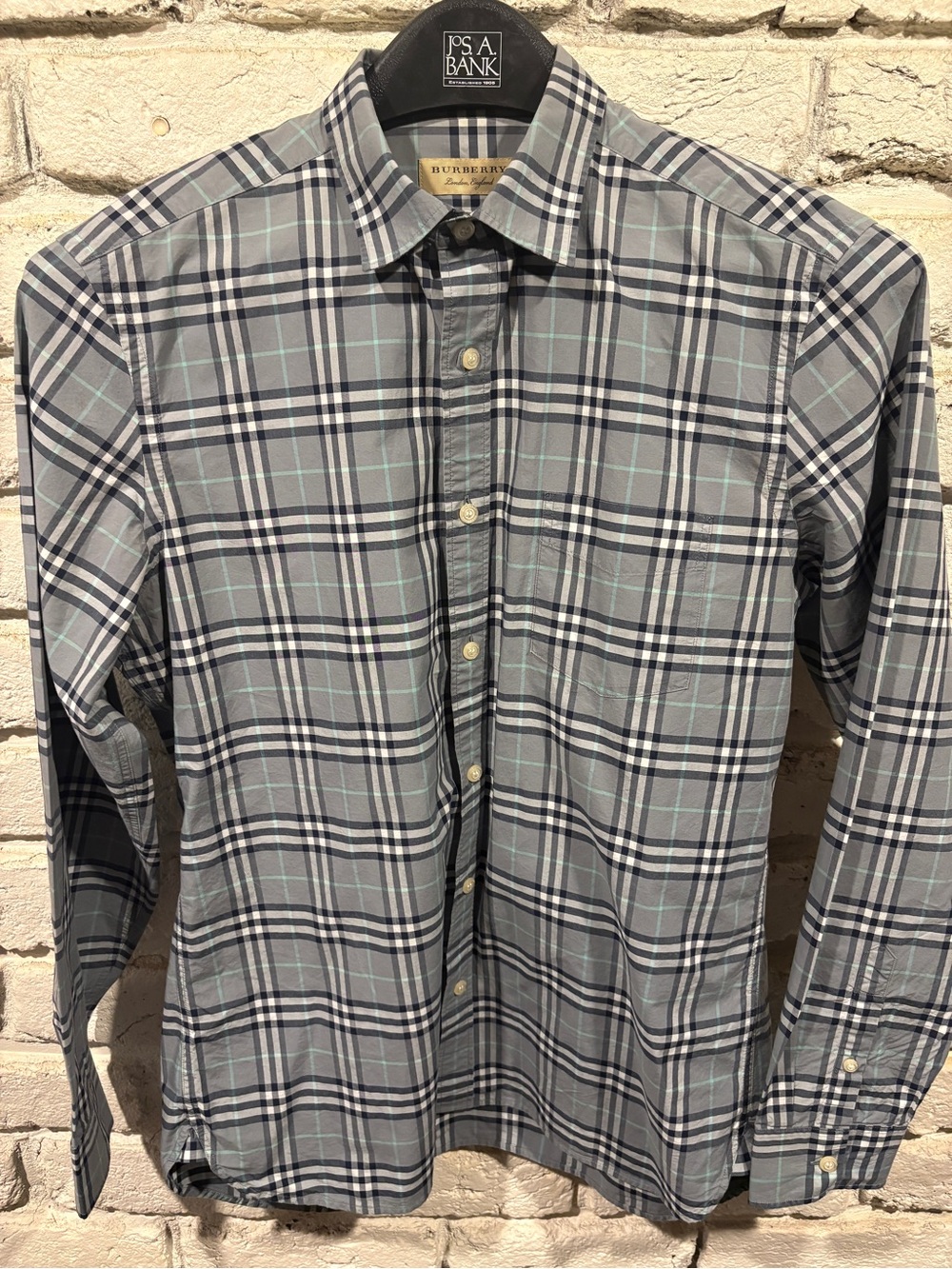 NWOT, Burberry of London, Men's Alexander, Blue, Grey button down, Size Large